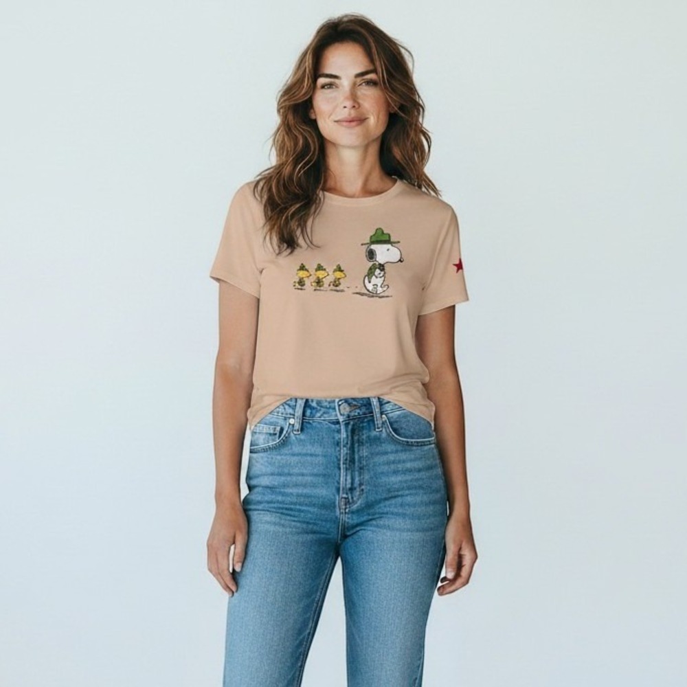 Peanuts Shirt Womens X-Small Tan Graphic Tee Beagle Scout Snoopy Cartoon NWT